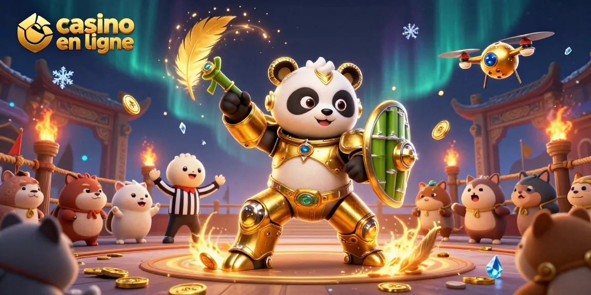 Casino en ligne : illustration 3D d’un panda en armure dans un combat féroce, entouré de spectateurs animaliers.