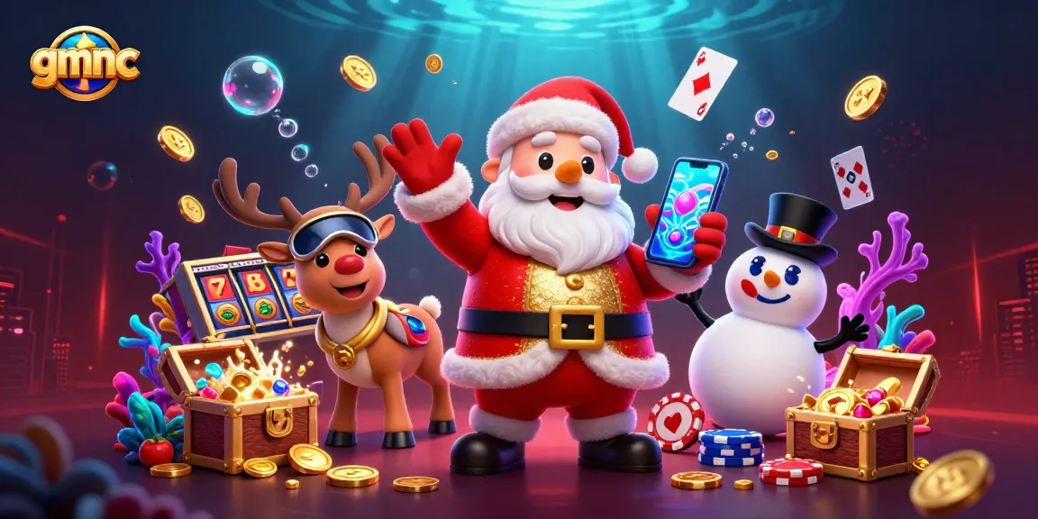 Experience the excitement at GMNC with Santa, reindeer, and a snowman in a dazzling casino scene!