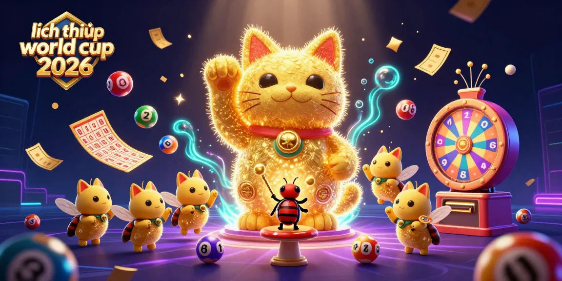 Engaging illustration showcasing lịch thi đấu world cup 2026 with vibrant lottery elements and a lucky cat symbol.